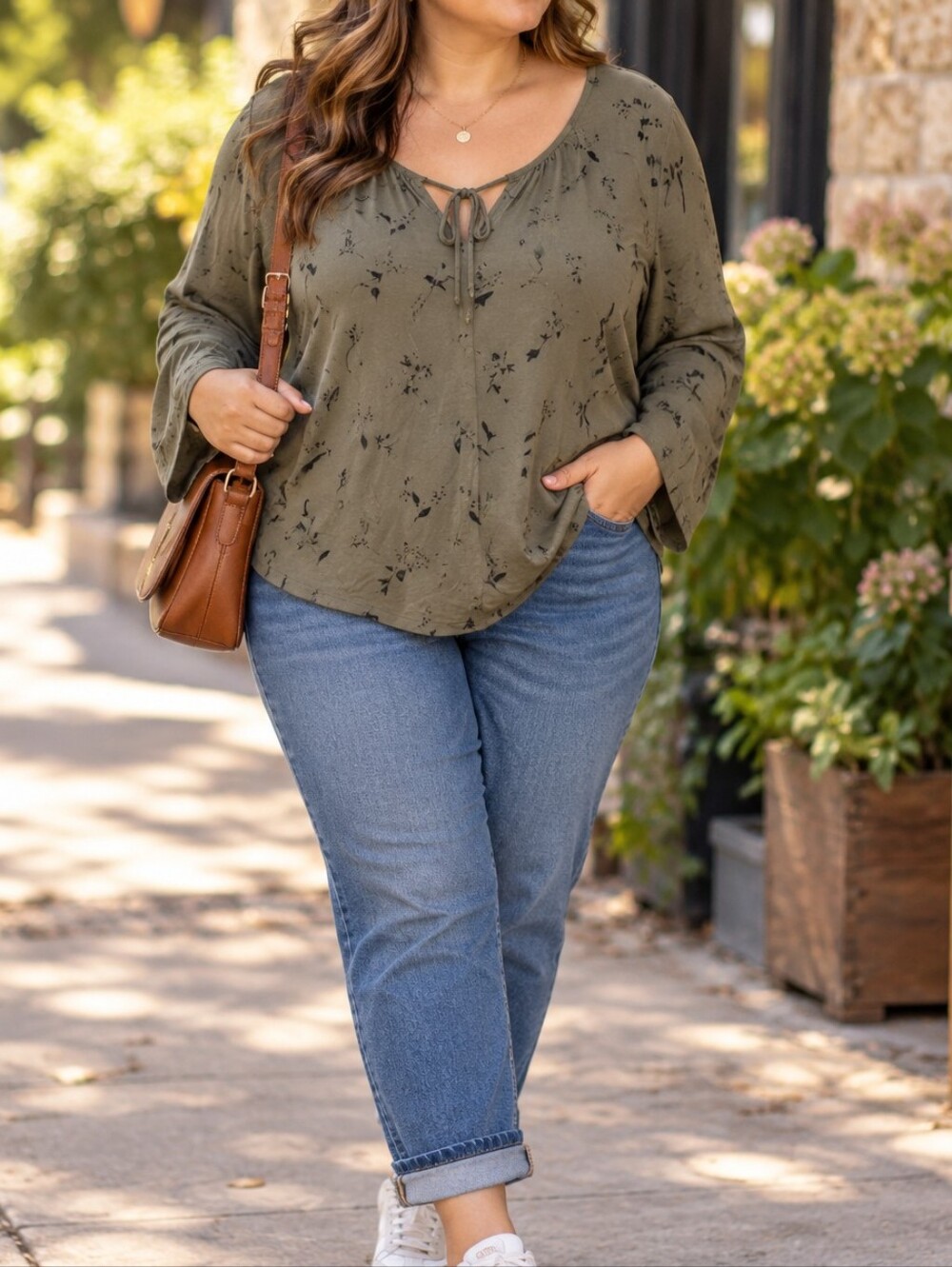 Reitmans Plus Size Olive Green Floral V-Neck Tie Front Long Sleeve Casual Top